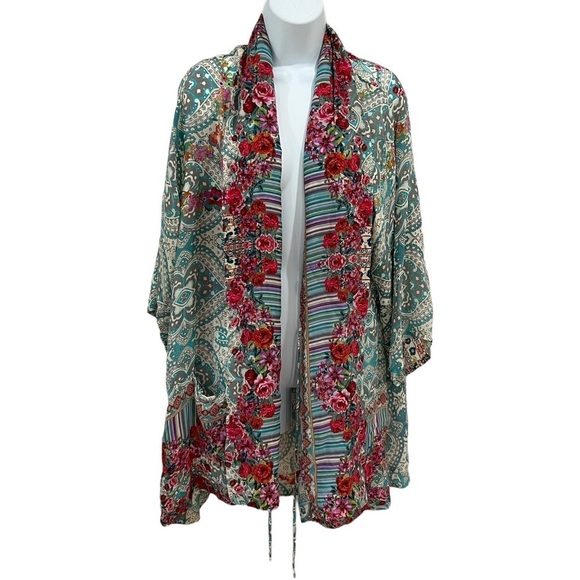 Johnny Was Brock pink blue red floral print tie front kimono duster top medium - Picture 5 of 13